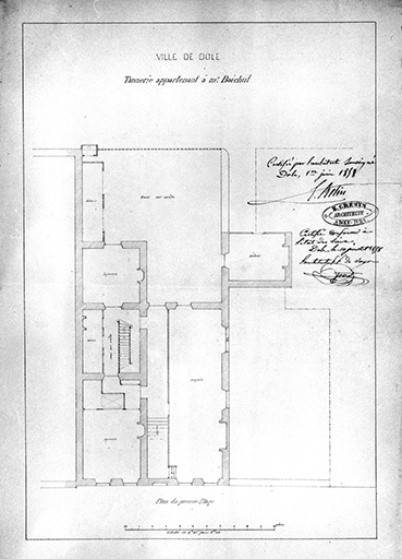 Ville de Dole. Tannerie appartenant à M. Boichut. Plan du premier étage. © Jérôme Mongreville / Région Bourgogne-Franche-Comté, Inventaire du patrimoine - 1991 Ville de Dole. Tannerie appartenant à M. Boichut. Plan du premier étage. © Jérôme Mongreville / Région Bourgogne-Franche-Comté, Inventaire du patrimoine - 1991