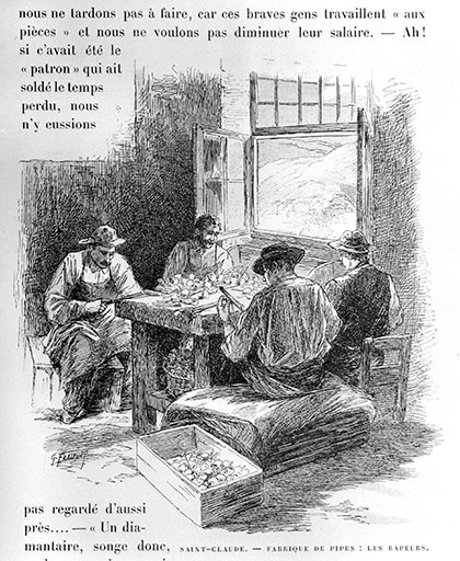 Saint-Claude.- Fabrique de pipes : les râpeurs. © Jérôme Mongreville / Région Bourgogne-Franche-Comté, Inventaire du patrimoine - 1992 Saint-Claude.- Fabrique de pipes : les râpeurs. © Jérôme Mongreville / Région Bourgogne-Franche-Comté, Inventaire du patrimoine - 1992