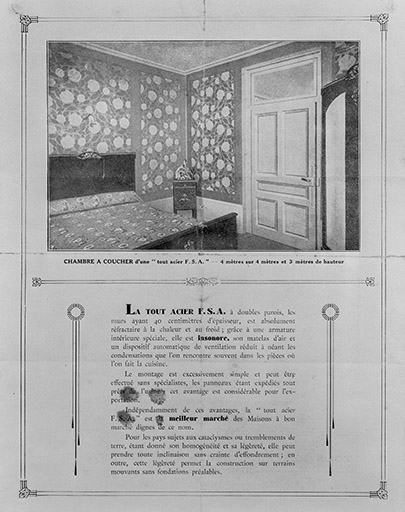 La maison " tout acier " F.S.A. vers 1928 : intérieur de la chambre à coucher. © Jérôme  Mongreville (reproduction) / Région Bourgogne-Franche-Comté, Inventaire du patrimoine - 1993