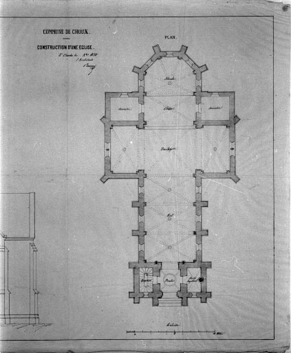 Commune de Choux. Construction d'une église [détail]. © Jérôme Mongreville, Auguste Comoy / Région Bourgogne-Franche-Comté, Inventaire du patrimoine - 1994