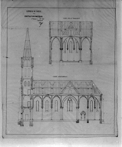 Commune de Choux. Construction d'une église [coupe sur le transept et coupe longitudinale]. © Jérôme Mongreville, Auguste Comoy / Région Bourgogne-Franche-Comté, Inventaire du patrimoine - 1994