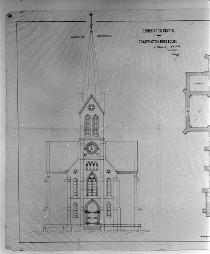 Commune de Choux. Construction d'une église [détail de l'élévation principale]. © Jérôme Mongreville, Auguste Comoy / Région Bourgogne-Franche-Comté, Inventaire du patrimoine - 1994