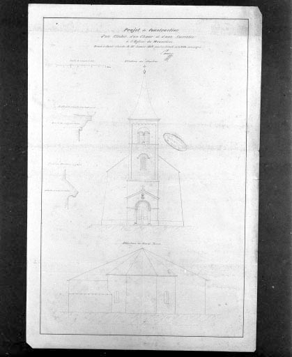 Projet de construction d'un clocher, d'un choeur et d'une sacristie à l'église des Moussières [élévation du clocher, élévation du rond-point]. © Jérôme Mongreville, Auguste Comoy / Région Bourgogne-Franche-Comté, Inventaire du patrimoine - 1994