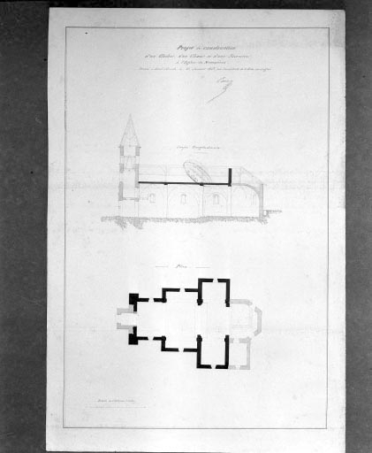 Projet de construction d'un clocher, d'un choeur et d'une sacristie à l'église des Moussières [coupe longitudinale et plan]. © Jérôme Mongreville, Auguste Comoy / Région Bourgogne-Franche-Comté, Inventaire du patrimoine - 1994