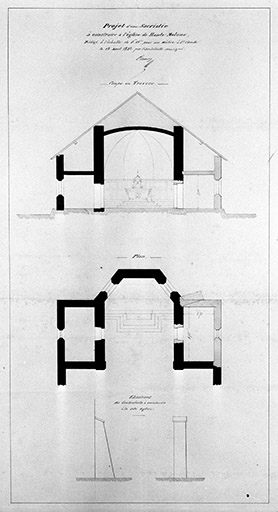 Projet d'une sacristie à construire à l'église de Haute Molune [coupe en travers, plan...]. © Jérôme Mongreville, Ernest Guillaume / Région Bourgogne-Franche-Comté, Inventaire du patrimoine - 1994