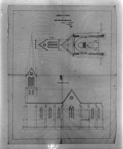 Commune de Choux. Construction d'une église [coupe sur la nef et élévation latérale]. © Jérôme Mongreville, Auguste Comoy / Région Bourgogne-Franche-Comté, Inventaire du patrimoine - 1994