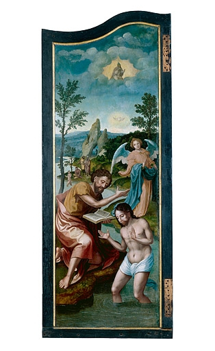 Face externe du volet gauche : le Baptême du christ (après restauration). © Jérôme Mongreville / Région Bourgogne-Franche-Comté, Inventaire du patrimoine - 1994