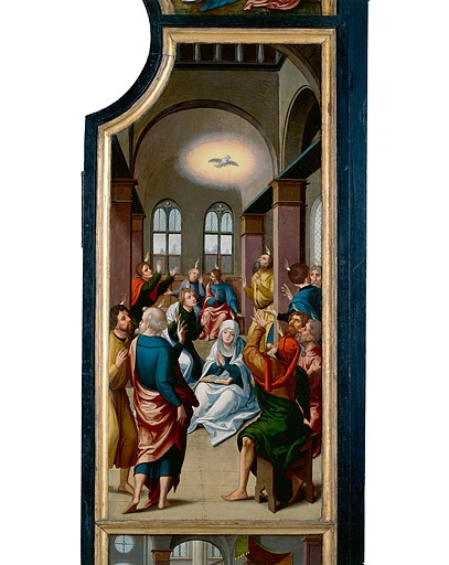 Face interne du volet droit : la Pentecôte (après restauration). © Jérôme Mongreville / Région Bourgogne-Franche-Comté, Inventaire du patrimoine - 1994