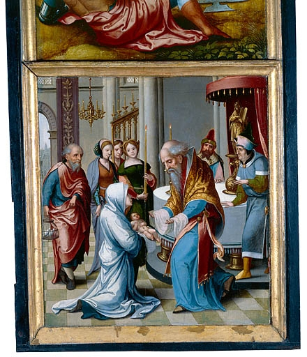 Face interne du volet droit : la Présentation au temple (après restauration). © Jérôme Mongreville / Région Bourgogne-Franche-Comté, Inventaire du patrimoine - 1994