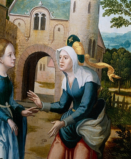 Face interne du volet gauche : la Visitation, détail : sainte Elisabeth (après restauration). © Jérôme Mongreville / Région Bourgogne-Franche-Comté, Inventaire du patrimoine - 1994