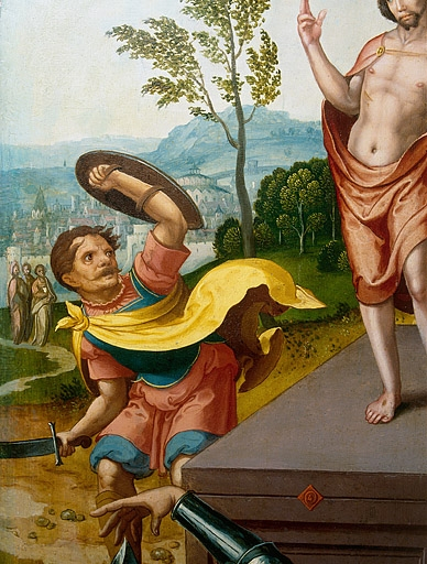 Face interne du volet droit : la Résurrection, détail : un soldat (après restauration). © Jérôme Mongreville / Région Bourgogne-Franche-Comté, Inventaire du patrimoine - 1994