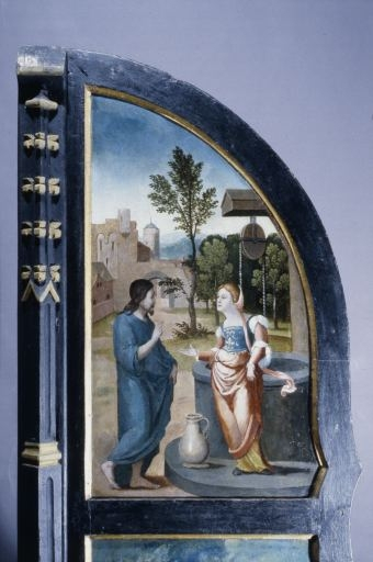 Face externe du volet droit : Jésus et la Samaritaine (après restauration). © Jérôme Mongreville / Région Bourgogne-Franche-Comté, Inventaire du patrimoine - 1994