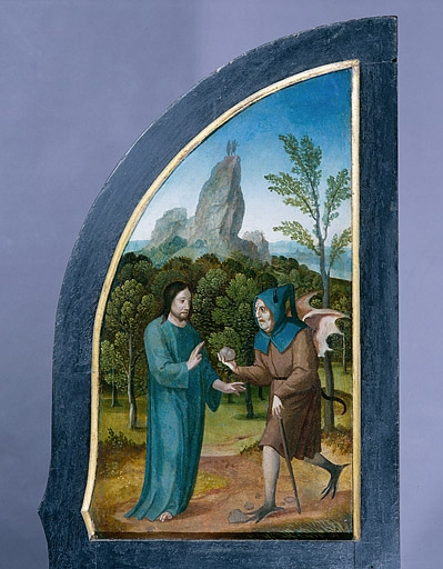 Face externe du volet gauche : la tentation du Christ dans le désert (après restauration). © Jérôme Mongreville / Région Bourgogne-Franche-Comté, Inventaire du patrimoine - 1994