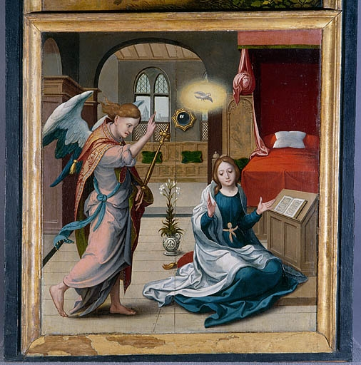Face interne du volet gauche : l'Annonciation (après restauration). © Jérôme Mongreville / Région Bourgogne-Franche-Comté, Inventaire du patrimoine - 1994