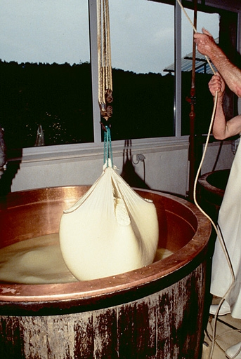 Tirage à la toile : la toile pleine de caillé est hissée hors de la chaudière. © Jérôme Mongreville / Région Bourgogne-Franche-Comté, Inventaire du patrimoine - 1995