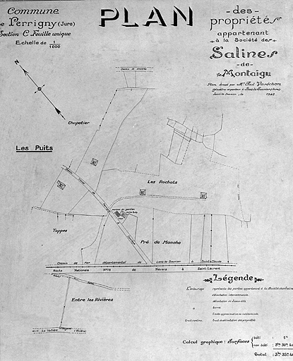 Commune de Perrigny (Jura). Plan des propriétés appartenant à la société des Salines de Montaigu. Les puits. © Jérôme Mongreville / Région Bourgogne-Franche-Comté, Inventaire du patrimoine - 1996 Commune de Perrigny (Jura). Plan des propriétés appartenant à la société des Salines de Montaigu. Les puits. © Jérôme Mongreville / Région Bourgogne-Franche-Comté, Inventaire du patrimoine - 1996