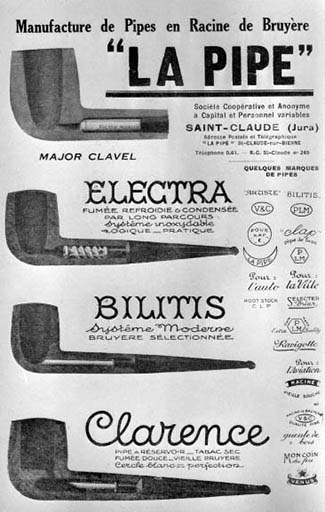 Manufacture de Pipes en Racine de Bruyère "La Pipe" [publicité], milieu des années 1920. © Jérôme  Mongreville (reproduction) / Région Bourgogne-Franche-Comté, Inventaire du patrimoine - 1996