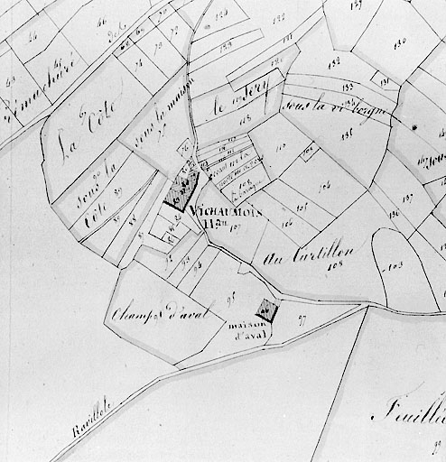 Plan-masse et de situation. Dessin, 1812. Extrait du plan cadastral, section C, feuille 1, échelle 1:2000. © Jérôme Mongreville / Région Bourgogne-Franche-Comté, Inventaire du patrimoine - 1996