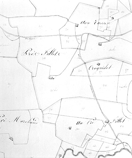 Plan-masse et de situation. Dessin, 1812. Extrait du plan cadastral, section C, feuille 1, échelle 1:5000. © Jérôme Mongreville / Région Bourgogne-Franche-Comté, Inventaire du patrimoine - 1996