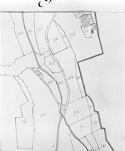 Plan-masse et de situation. Dessin, 1812. Extrait du plan cadastral, section A, feuille 2, échelle 1:2500. © Jérôme Mongreville / Région Bourgogne-Franche-Comté, Inventaire du patrimoine - 1996
