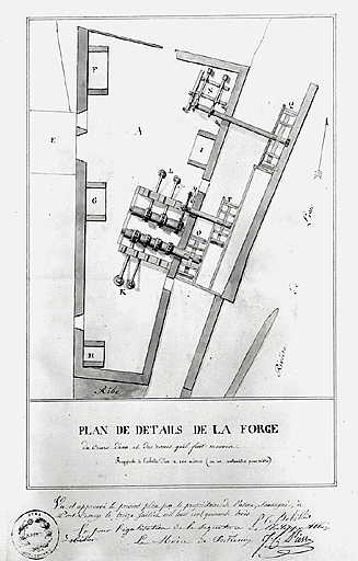 Plan de détails de la forge, du cours d'eau et des roues qu'il fait mouvoir. © Jérôme Mongreville / Région Bourgogne-Franche-Comté, Inventaire du patrimoine - 1996 Plan de détails de la forge, du cours d'eau et des roues qu'il fait mouvoir. © Jérôme Mongreville / Région Bourgogne-Franche-Comté, Inventaire du patrimoine - 1996