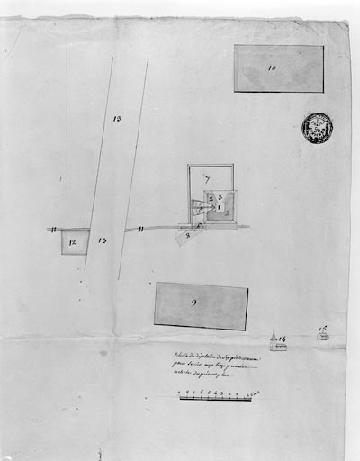 [Plan-masse du haut fourneau de Moutaine en 1797 d'après le] Plan d'un haut fourneau avec ses dépendances le tout couvert en thuilles [...]. © Yves Sancey / Région Bourgogne-Franche-Comté, Inventaire du patrimoine - 1997
