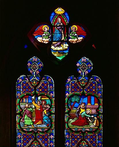 Partie supérieure de la baie 2 : saint Paul prêchant et Martyre de saint Paul. © Jérôme Mongreville / Région Bourgogne-Franche-Comté, Inventaire du patrimoine - 1997 Partie supérieure de la baie 2 : saint Paul prêchant et Martyre de saint Paul. © Jérôme Mongreville / Région Bourgogne-Franche-Comté, Inventaire du patrimoine - 1997