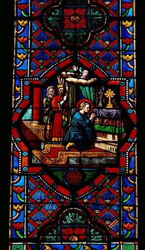 Détail de la baie 4 : saint Claude enfant priant dans l'oratoire du château de son père. © Jérôme Mongreville / Région Bourgogne-Franche-Comté, Inventaire du patrimoine - 1997 Détail de la baie 4 : saint Claude enfant priant dans l'oratoire du château de son père. © Jérôme Mongreville / Région Bourgogne-Franche-Comté, Inventaire du patrimoine - 1997