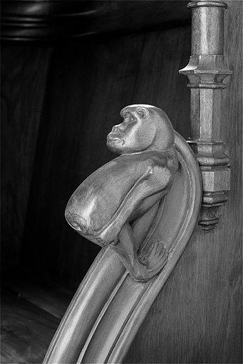 Appui-main entre la neuvième et la dixième stalle basse, vue de trois quarts droit. © Jérôme Mongreville / Région Bourgogne-Franche-Comté, Inventaire du patrimoine - 1998