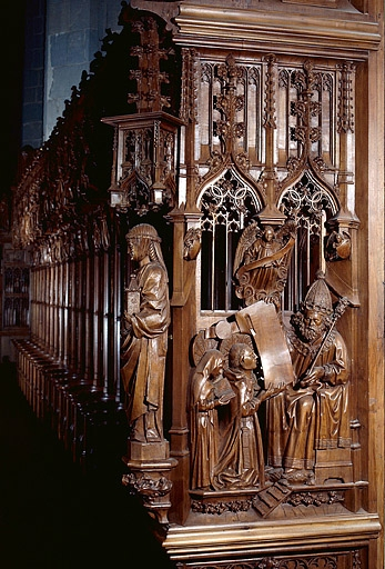 Jouée haute est : saint Romain et saint Lupicin recevant une charte de donation des mains du roi Chilpéric. © Jérôme Mongreville / Région Bourgogne-Franche-Comté, Inventaire du patrimoine - 1998