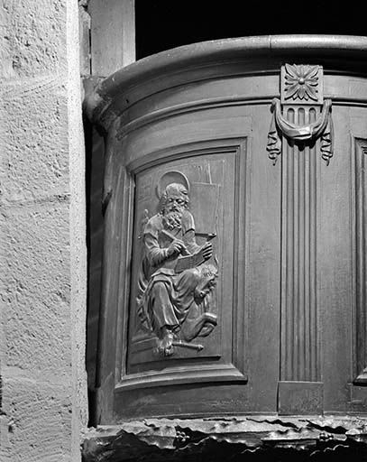 Premier panneau de la cuve : saint Luc. © Yves Sancey / Région Bourgogne-Franche-Comté, Inventaire du patrimoine - 1999 Premier panneau de la cuve : saint Luc. © Yves Sancey / Région Bourgogne-Franche-Comté, Inventaire du patrimoine - 1999