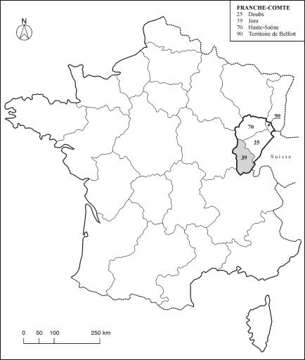 Carte de localisation du département du Jura dans la région et dans le pays. © André Céréza / Région Bourgogne-Franche-Comté, Inventaire du patrimoine - 2000