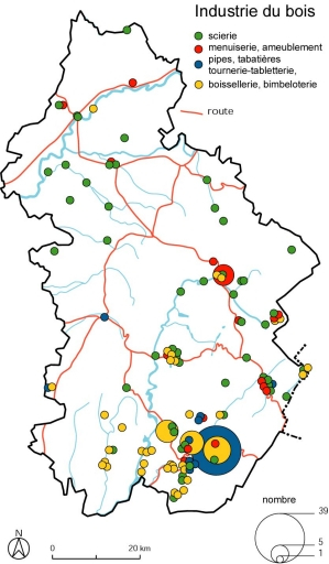 Industrie du bois. Fonds de carte : BD carto IGN 1991. © Christophe Batardy / Région Bourgogne-Franche-Comté, Inventaire du patrimoine - 2001