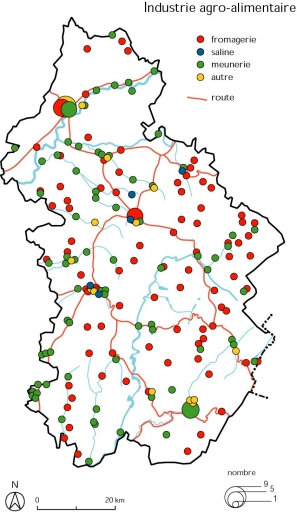 Industrie agro-alimentaire. Fonds de carte : BD carto IGN 1991. © Christophe Batardy / Région Bourgogne-Franche-Comté, Inventaire du patrimoine - 2001