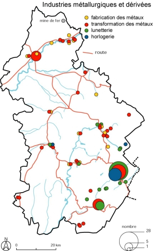 Industries métallurgiques et dérivées. Fonds de carte : BD carto IGN 1991. © Christophe Batardy / Région Bourgogne-Franche-Comté, Inventaire du patrimoine - 2001