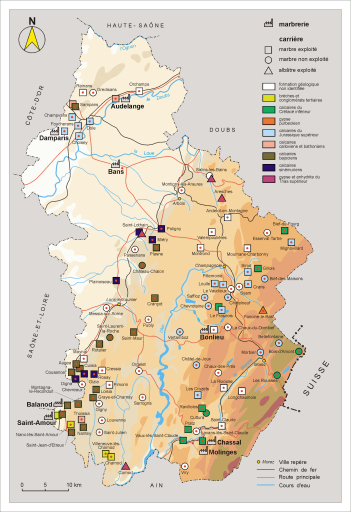 Carte de localisation des carrières et des marbreries. © Patrick Rosenthal, André Céréza / Région Bourgogne-Franche-Comté, Inventaire du patrimoine - 2001