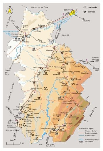 Carte de localisation des carrières exploitées et des marbreries. © André Céréza / Région Bourgogne-Franche-Comté, Inventaire du patrimoine - 2001