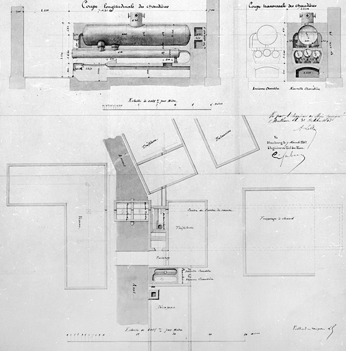 Plan-masse et coupes longitudinale et transversale des chaudières. © Jérôme Mongreville / Région Bourgogne-Franche-Comté, Inventaire du patrimoine - 2001 Plan-masse et coupes longitudinale et transversale des chaudières. © Jérôme Mongreville / Région Bourgogne-Franche-Comté, Inventaire du patrimoine - 2001