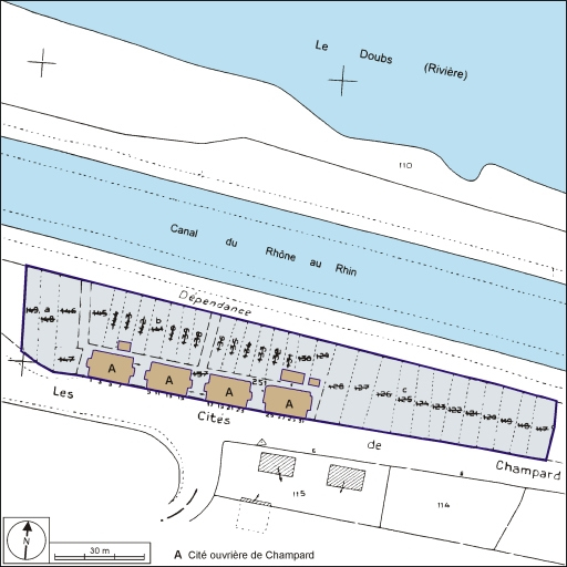 Plan de situation de la cité ouvrière de Champard. Extrait du plan cadastral, 1982, section AN, 1:1000. © André Céréza / Région Bourgogne-Franche-Comté, Inventaire du patrimoine - 2002