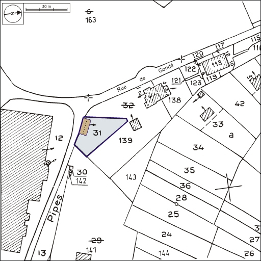 Plan-masse et de situation. Extrait du plan cadastral, 1982, section ZN, 1:2000 agrandi à 1:1000. © André Céréza / Région Bourgogne-Franche-Comté, Inventaire du patrimoine - 2002