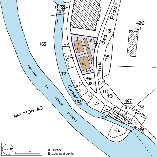 Plan-masse et de situation. Extrait du plan cadastral, 1982, section ZN, 1:2000 agrandi à 1:1000. © André Céréza / Région Bourgogne-Franche-Comté, Inventaire du patrimoine - 2002