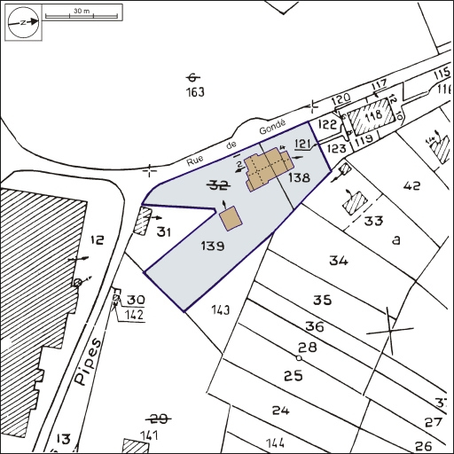 Plan-masse et de situation. Extrait du plan cadastral, 1982, section ZN, 1:2000 agrandi à 1:1000. © André Céréza / Région Bourgogne-Franche-Comté, Inventaire du patrimoine - 2002
