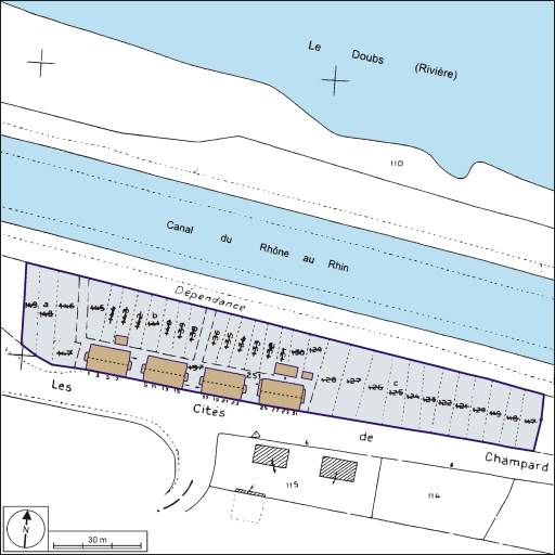 Plan-masse et de situation. Extrait du plan cadastral, 1982, section AN, 1:1000. © André Céréza / Région Bourgogne-Franche-Comté, Inventaire du patrimoine - 2002
