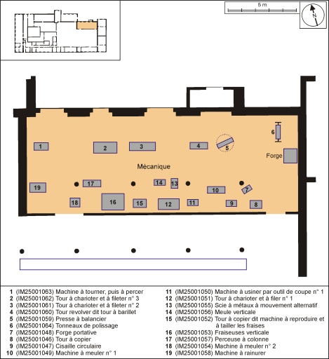 Plan de localisation des machines de l'atelier de mécanique. © André Céréza / Région Bourgogne-Franche-Comté, Inventaire du patrimoine - 2002