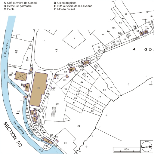 Plan de situation. Extrait du plan cadastral, 1982, section ZN, 1:2000 réduit à 1:2500. © André Céréza / Région Bourgogne-Franche-Comté, Inventaire du patrimoine - 2002