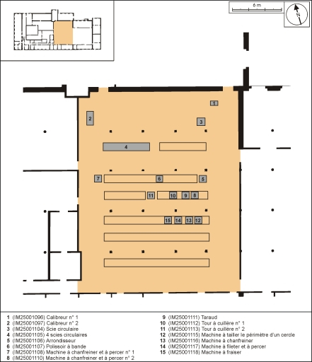Plan de localisation des machines de la ligne de fabrication des têtes de pipe en merisier. © André Céréza / Région Bourgogne-Franche-Comté, Inventaire du patrimoine - 2002 Plan de localisation des machines de la ligne de fabrication des têtes de pipe en merisier. © André Céréza / Région Bourgogne-Franche-Comté, Inventaire du patrimoine - 2002