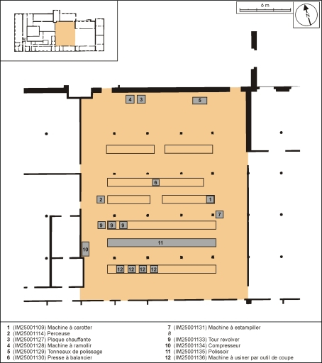 Plan de localisation des machines de la ligne de fabrication commune aux pipes en bruyère et aux pipes en merisier. Atelier principal. © André Céréza / Région Bourgogne-Franche-Comté, Inventaire du patrimoine - 2002