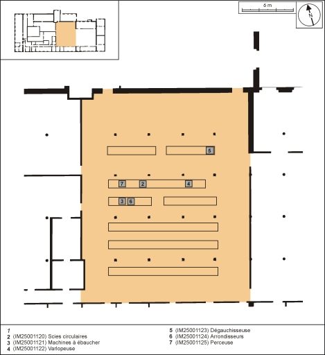 Plan de localisation des machines de la ligne de fabrication des têtes de pipe en bruyère. Atelier principal. © André Céréza / Région Bourgogne-Franche-Comté, Inventaire du patrimoine - 2002