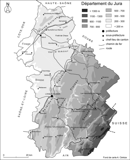 Carte topographique du Jura, avec la préfecture, les sous-préfectures et les chefs-lieux de cantons. © André Céréza, Christophe Batardy / Région Bourgogne-Franche-Comté, Inventaire du patrimoine - 2002