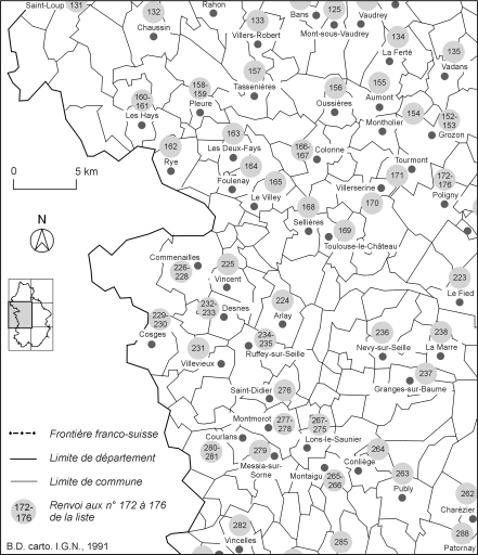 Carte de localisation des édifices industriels étudiés : partie centre-ouest.Fonds de carte : BD carto IGN 1991. © André Céréza / Région Bourgogne-Franche-Comté, Inventaire du patrimoine - 2002
